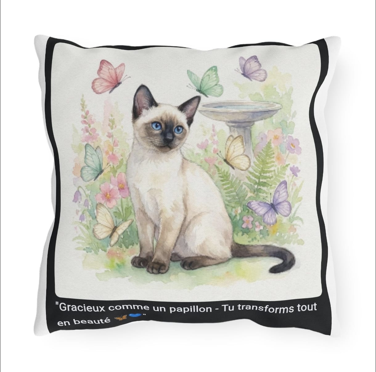 🛋️ COUSSIN CHAT SIAMOIS PAPILLONS - Déco Jardin Élégante