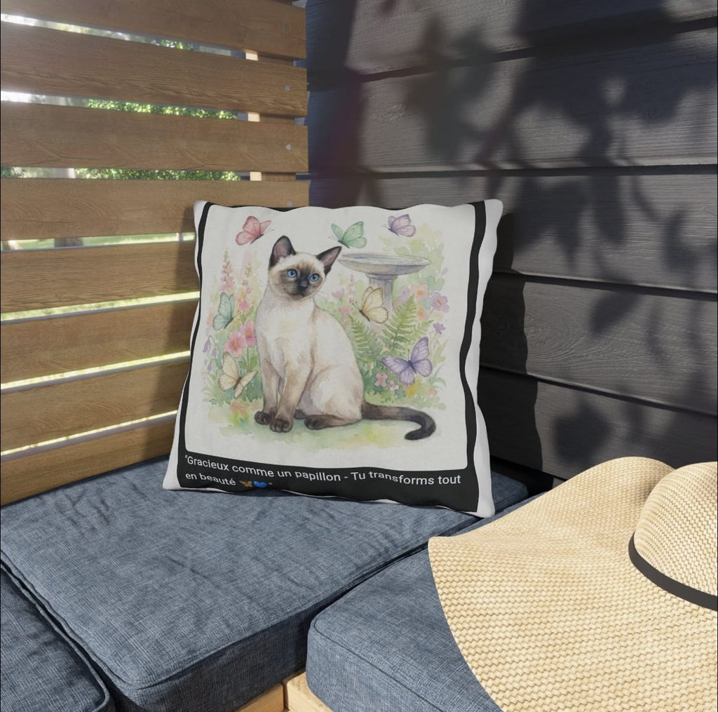 🛋️ COUSSIN CHAT SIAMOIS PAPILLONS - Déco Jardin Élégante