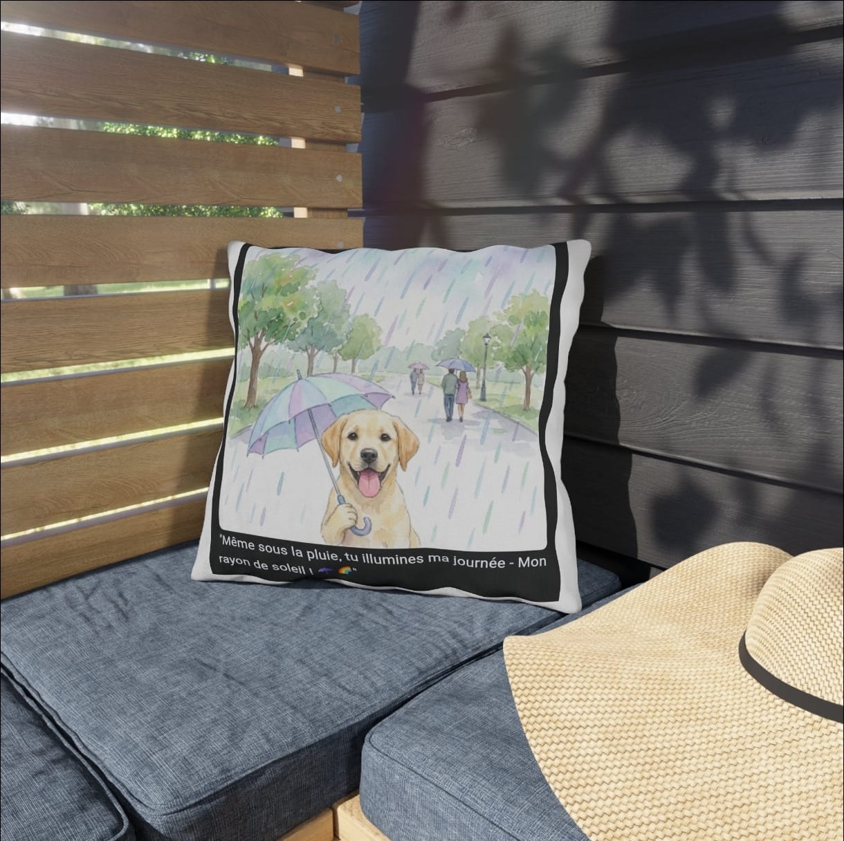 🛋️ COUSSIN LABRADOR PARAPLUIE - Déco Printanière Joyeuse