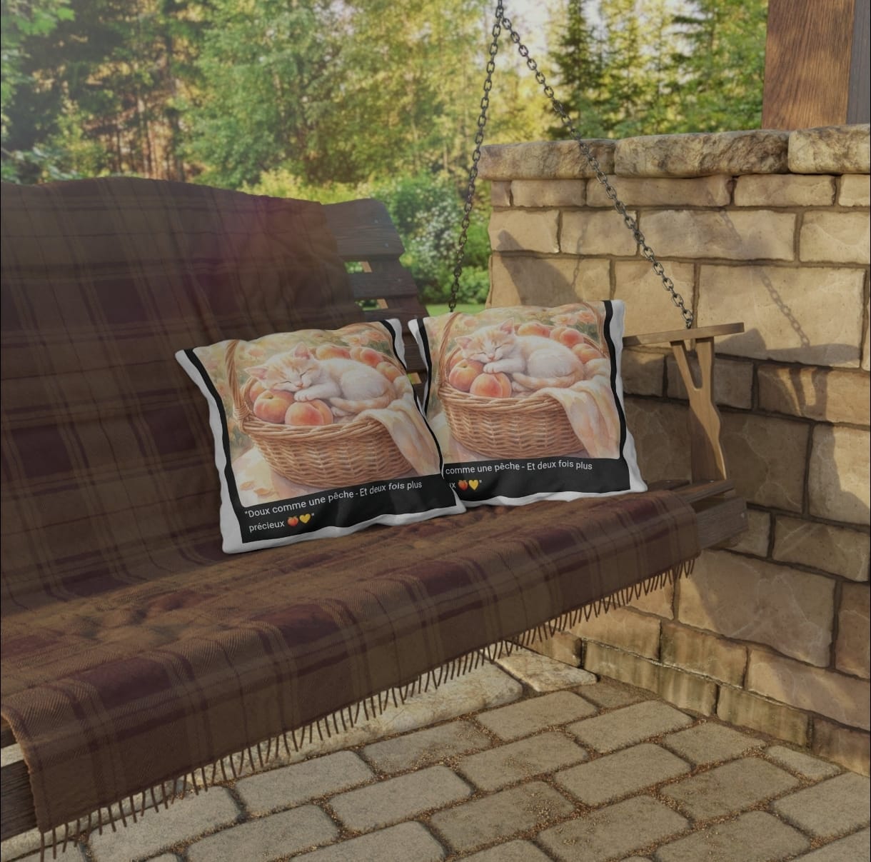 🛋️ COUSSIN CHAT PÊCHES - Déco Estivale Douce