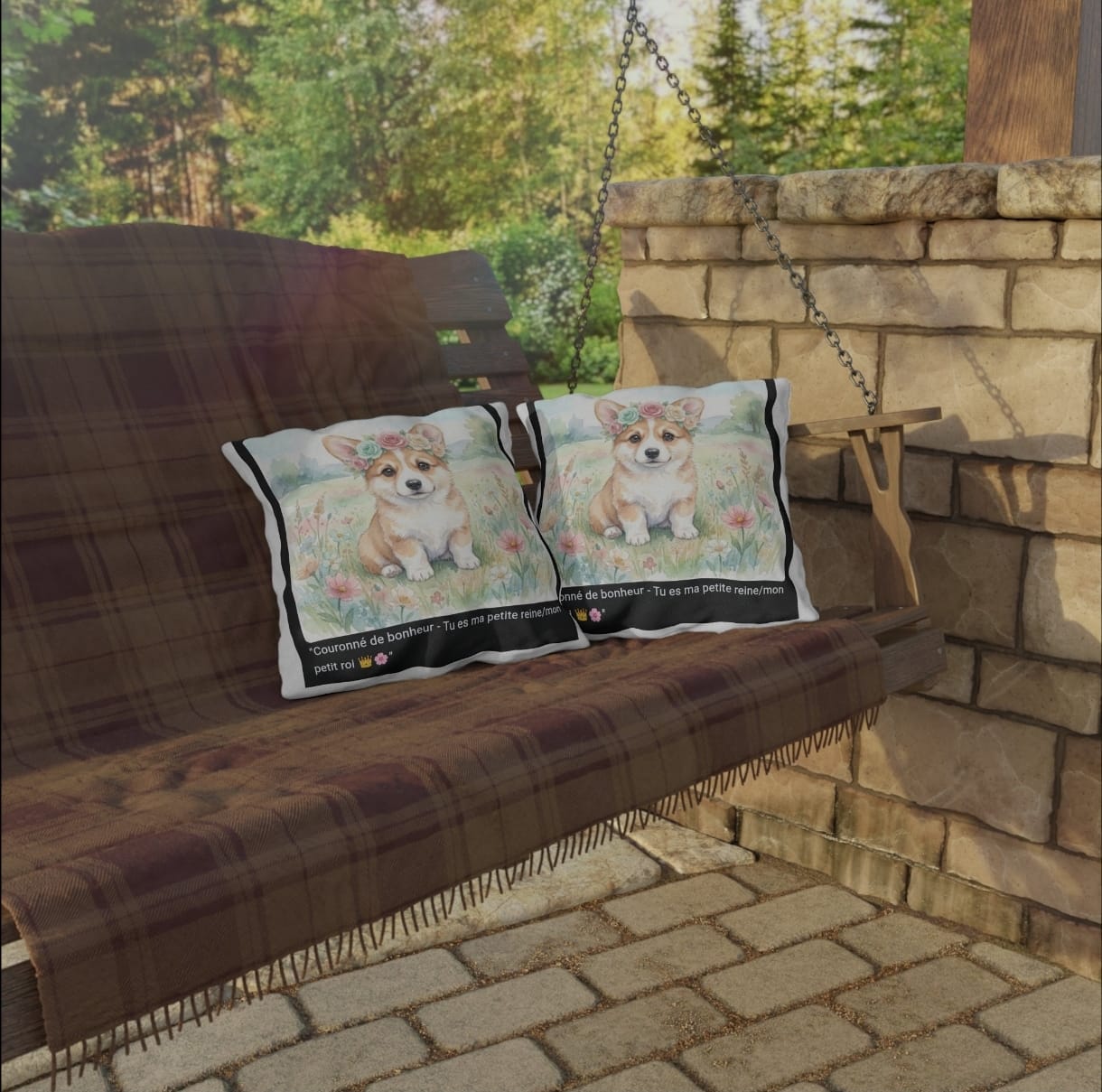 🛋️ COUSSIN CORGI COURONNE ROSES - Déco Printanière Joyeuse